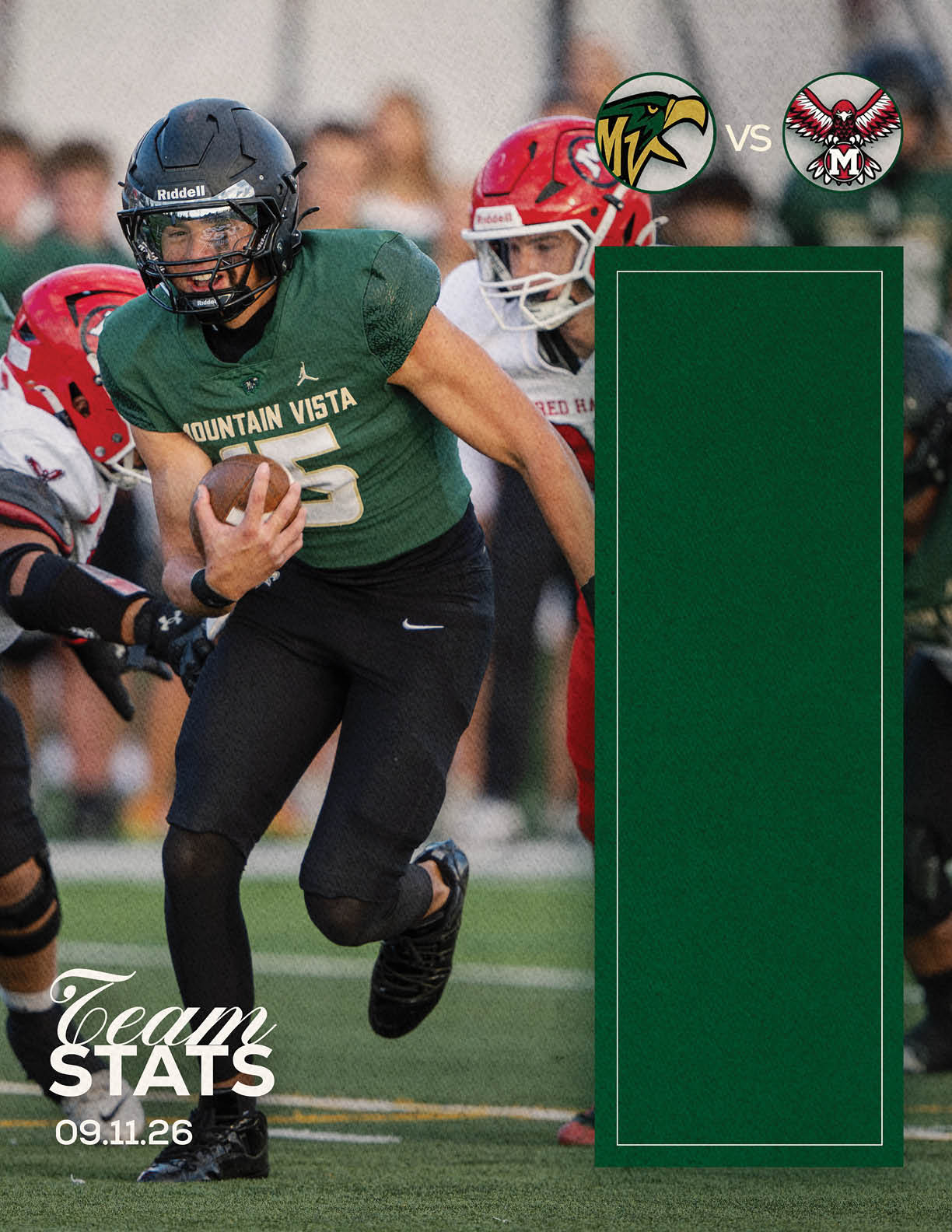 A person in a green Mountain Vista football uniform is running with a football while being pursued by people in red and white uniforms on a field. Description generated by AI