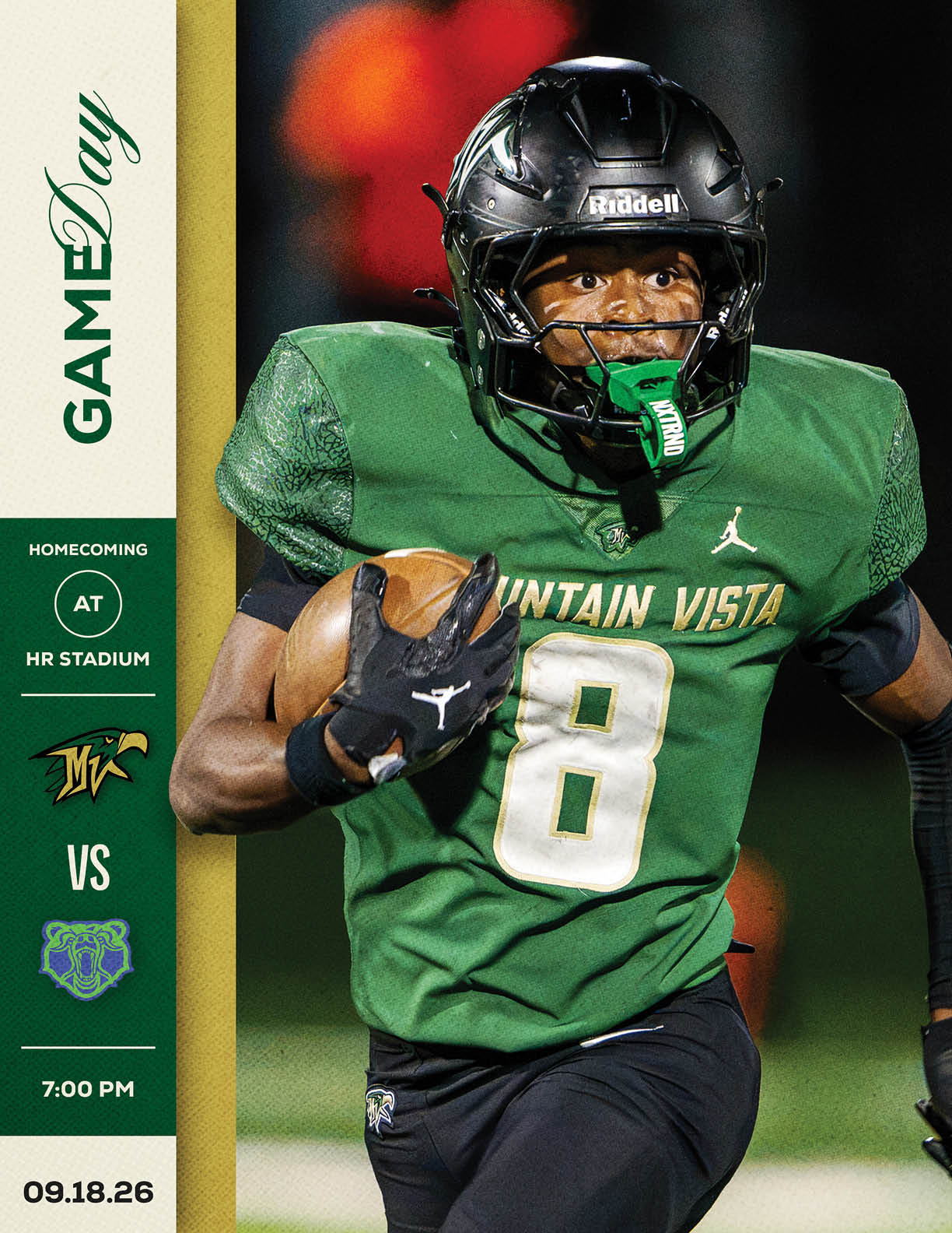 A person in a green football uniform with the number 8 is running with a football on a field at night, with a graphic on the left side announcing a homecoming game between two teams at 7:00 PM on 09.18.26. Description generated by AI
