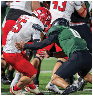 Two people in football uniforms are engaged in a tackle during a game on a grassy field. Description generated by AI