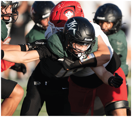 People wearing football helmets and uniforms are engaged in a close physical play during a game. Description generated by AI