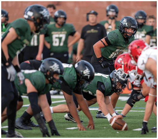 People in football uniforms are lined up on a field preparing for a play during a game. Description generated by AI