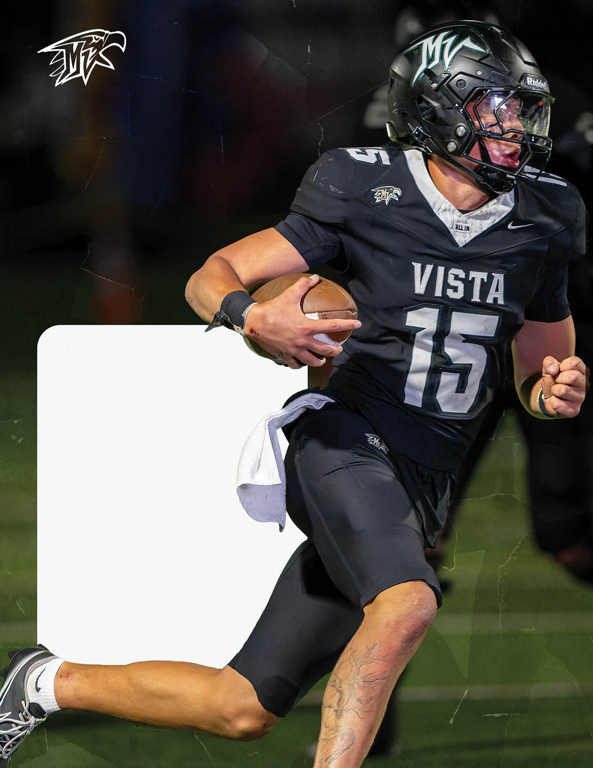 A person wearing a black football uniform with the word Vista and number 15 is running on a field while holding a football. Description generated by AI