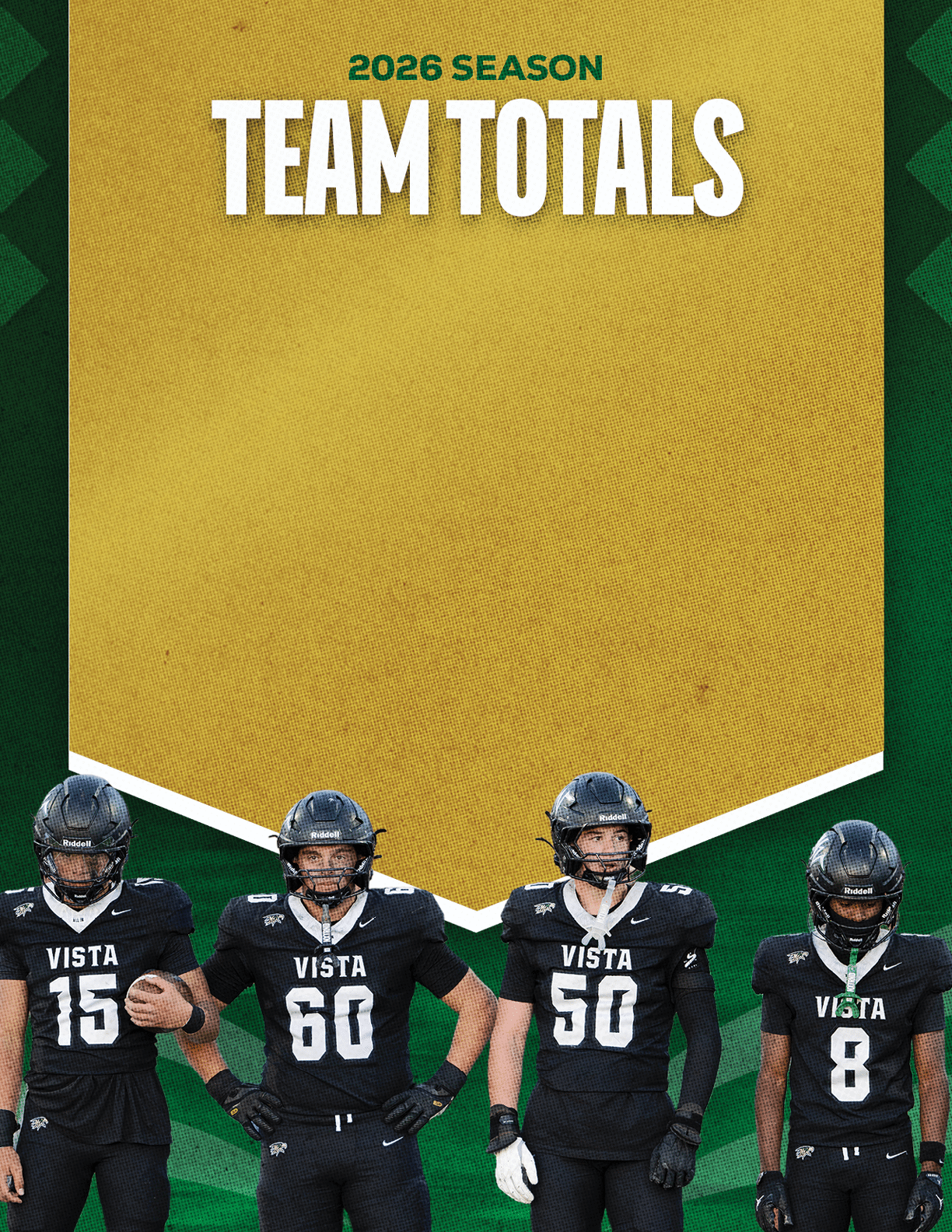 Four people wearing black football uniforms with the word Vista and numbers 15, 60, 50, and 8 stand in front of a green and gold background with the text 2026 Season Team Totals. Description generated by AI