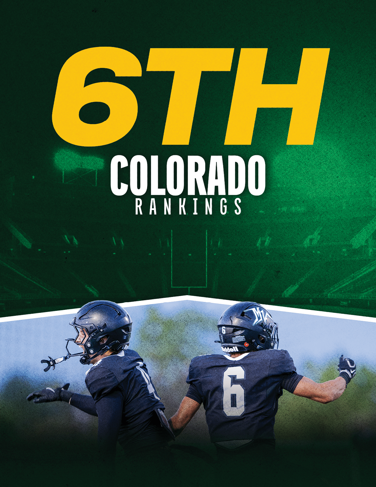 Two people in black football uniforms are on a field with text above them reading “6TH COLORADO RANKINGS" in bold yellow and white letters. Description generated by AI