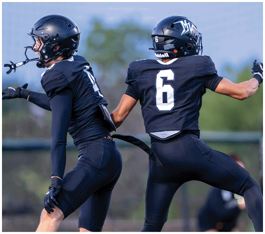 Two people wearing black football uniforms and helmets are engaged in a game, with one reaching out toward the other on a field. Description generated by AI