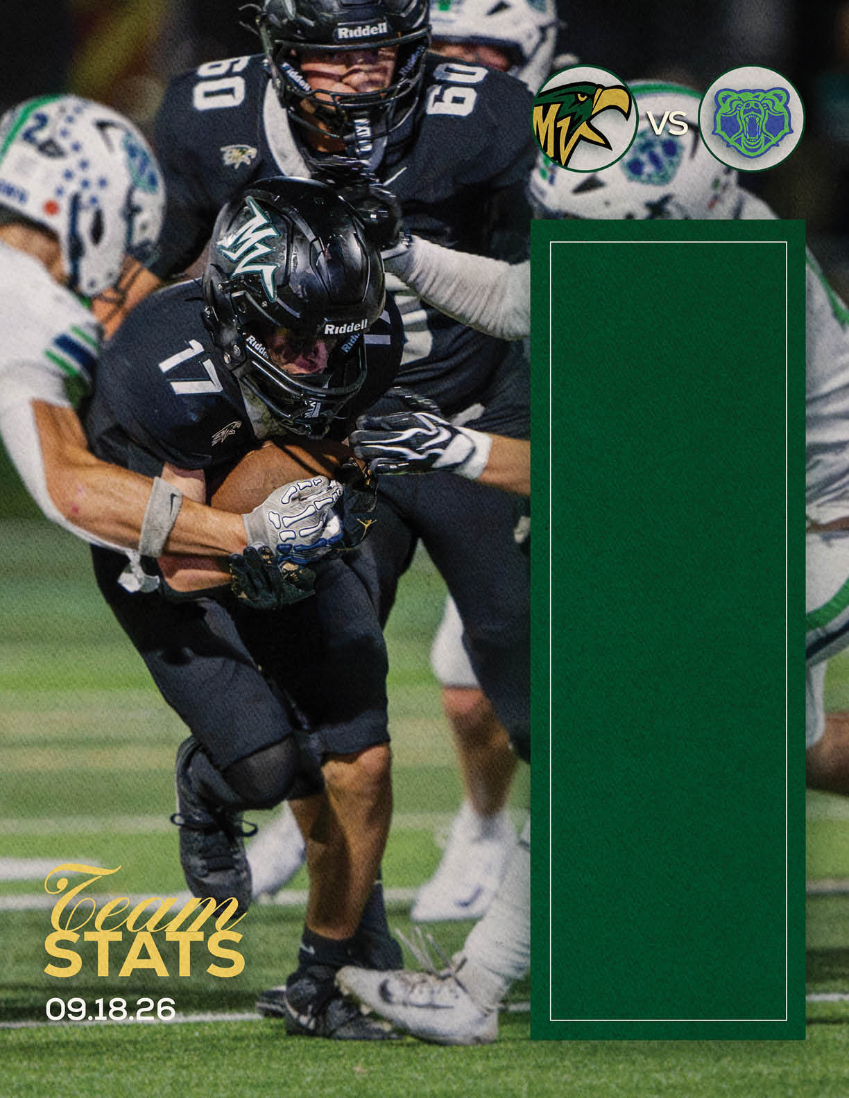People in black and white football uniforms are engaged in a tackle during a game with team logos and a green stats panel overlay on the right side. Description generated by AI