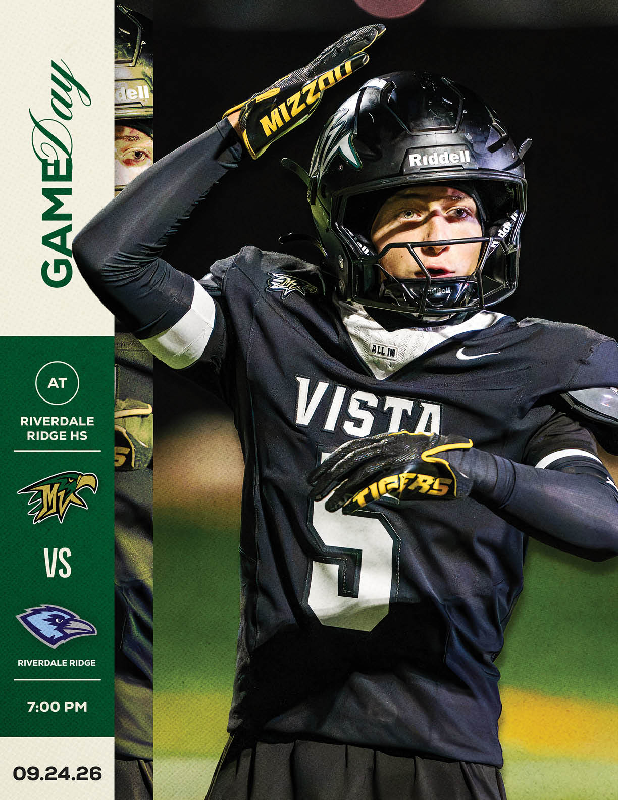 A person wearing a black football uniform with the word Vista and the number 5 is preparing to throw a football during a game between Riverdale Ridge High School and another team, with game details displayed on the left side. Description generated by AI