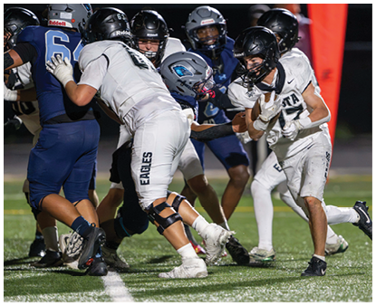 Several people in football uniforms are engaged in a play on a field, with one person holding the ball and others attempting to block or tackle. Description generated by AI
