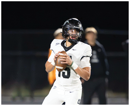 A person wearing a white football uniform and black helmet is holding a football and appears to be preparing to throw it on a field at night. Description generated by AI