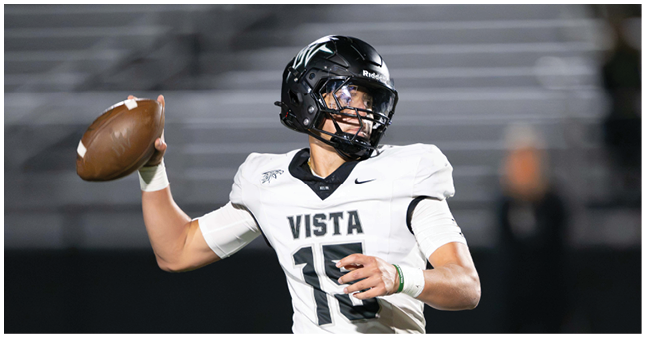 A person wearing a black helmet and a white football jersey with the word Vista is preparing to throw a football on a field. Description generated by AI