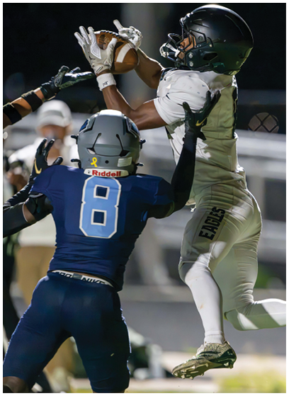 A person in white football gear jumps to catch a football while a person in blue football gear with the number 8 on the jersey attempts to block the catch during a nighttime game. Description generated by AI