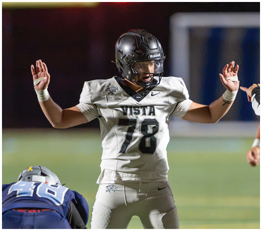 A person wearing a football uniform with the number 78 and the word Vista on the jersey raises both hands while standing on a football field. Description generated by AI