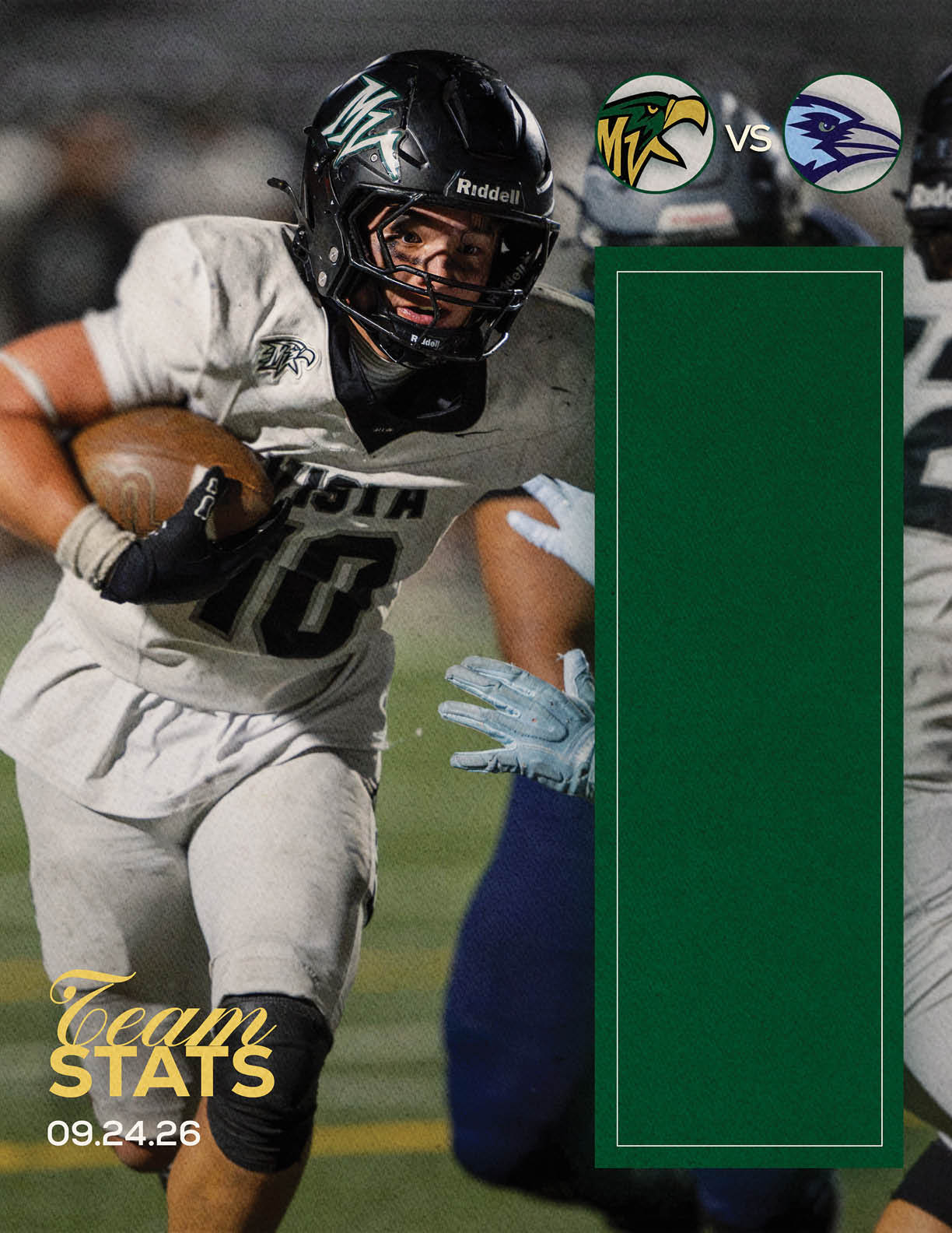 An adult in a football uniform is running with the ball on a field while another player reaches out to tackle, with team logos and a green stats box overlayed on the right side. Description generated by AI