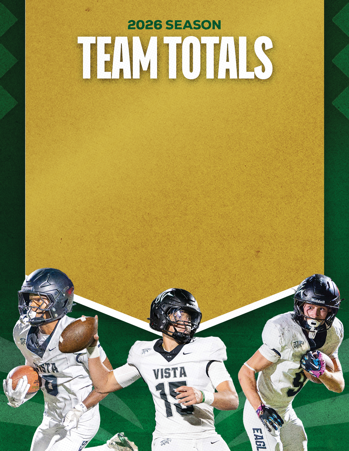 Three adults in football uniforms are positioned in action poses beneath bold text reading 2026 Season Team Totals on a green and gold background. Description generated by AI
