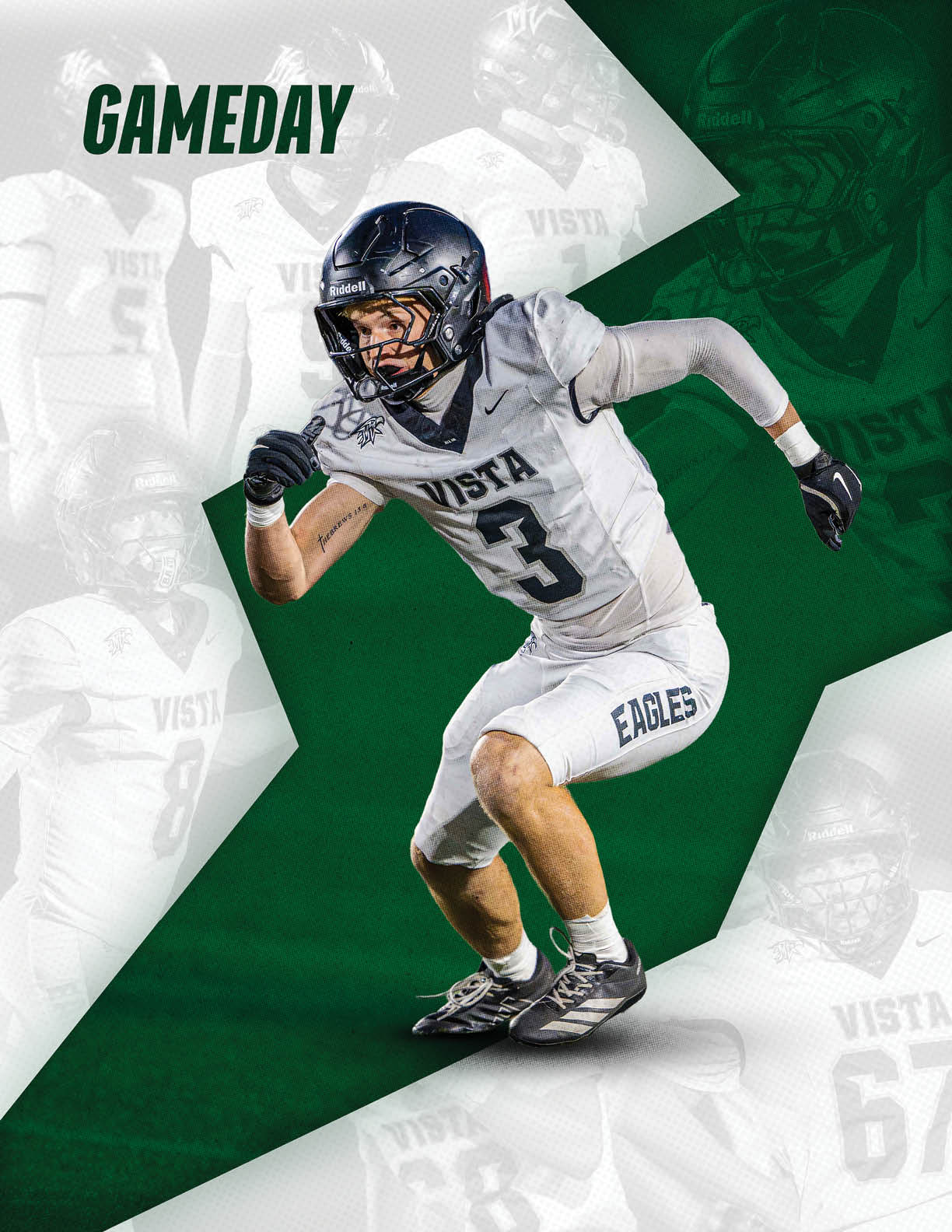 A person in a football uniform with the number 3 and the word Vista is crouched in an athletic stance on a green background with the word GAMEDAY above. Description generated by AI