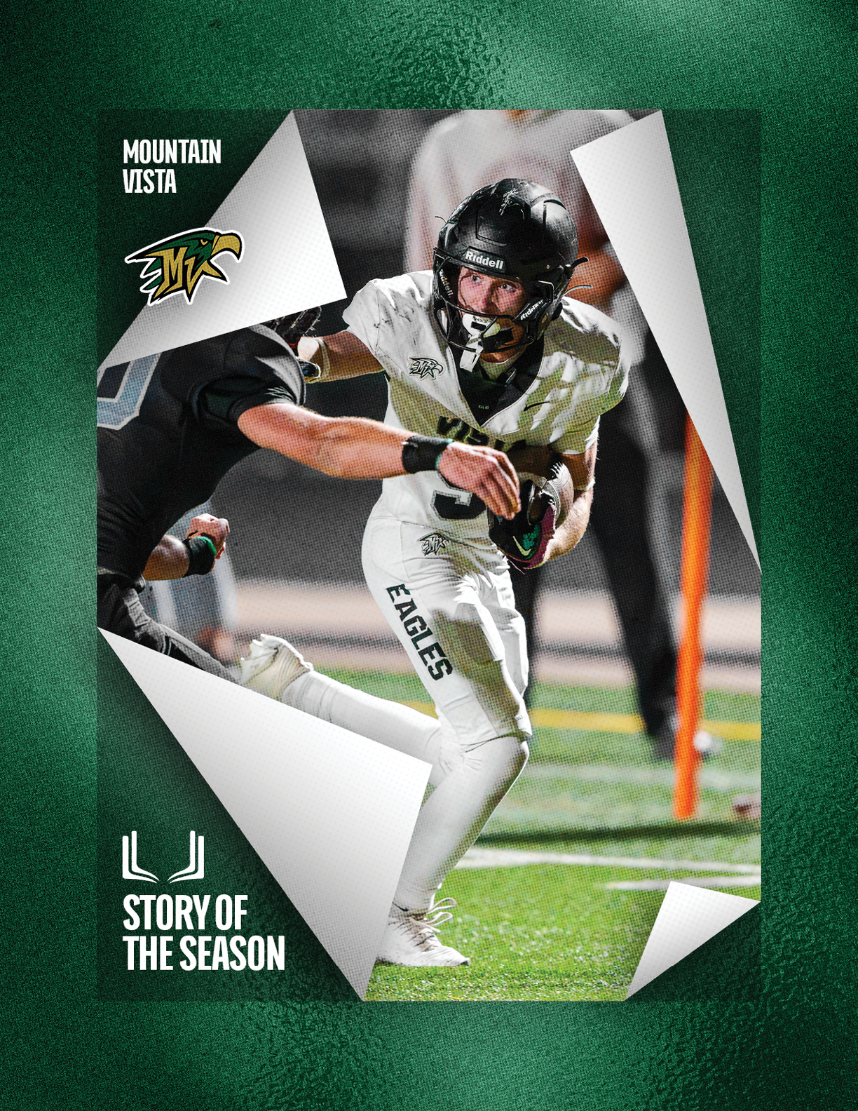A person in a football uniform with the word Eagles on the pants is running on a field while holding a football, with text reading Mountain Vista and Story of the Season on a green textured background. Description generated by AI
