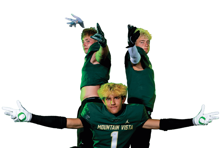 Three people in football uniforms with gloves pose dynamically with one crouching in front and two standing behind pointing upward. Description generated by AI