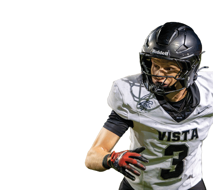 A person wearing a black helmet, white football jersey with the word Vista and the number 3, and black pants is running while looking to the side. Description generated by AI