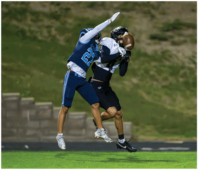Two people in football uniforms are jumping and reaching to catch a football during a game on a grassy field. Description generated by AI