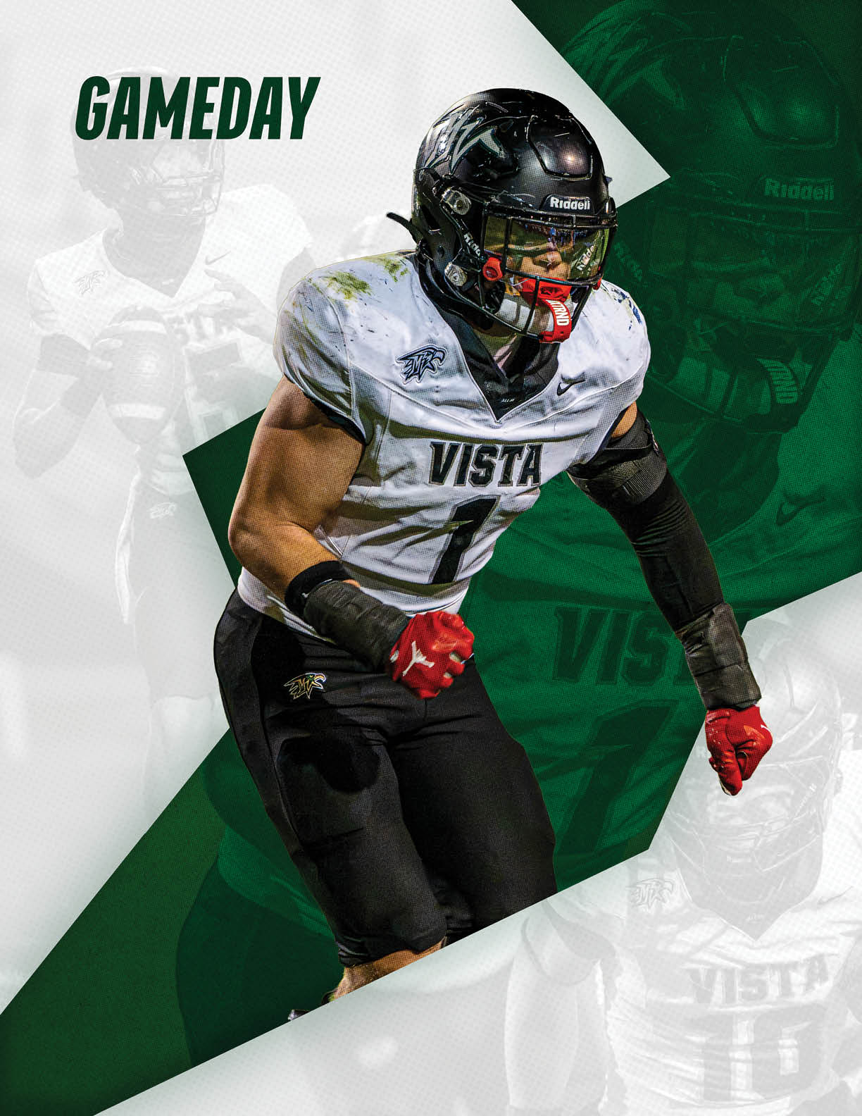 A person in a football uniform with “VISTA" on the jersey is in an athletic stance on a green and white graphic background with the word "GAMEDAY" at the top. Description generated by AI