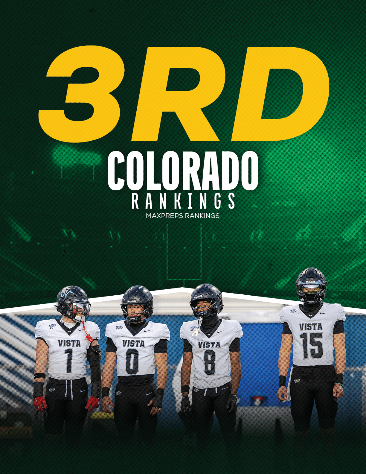 Four people in football uniforms standing side by side on a field with large text above them reading “3RD COLORADO RANKINGS." Description generated by AI