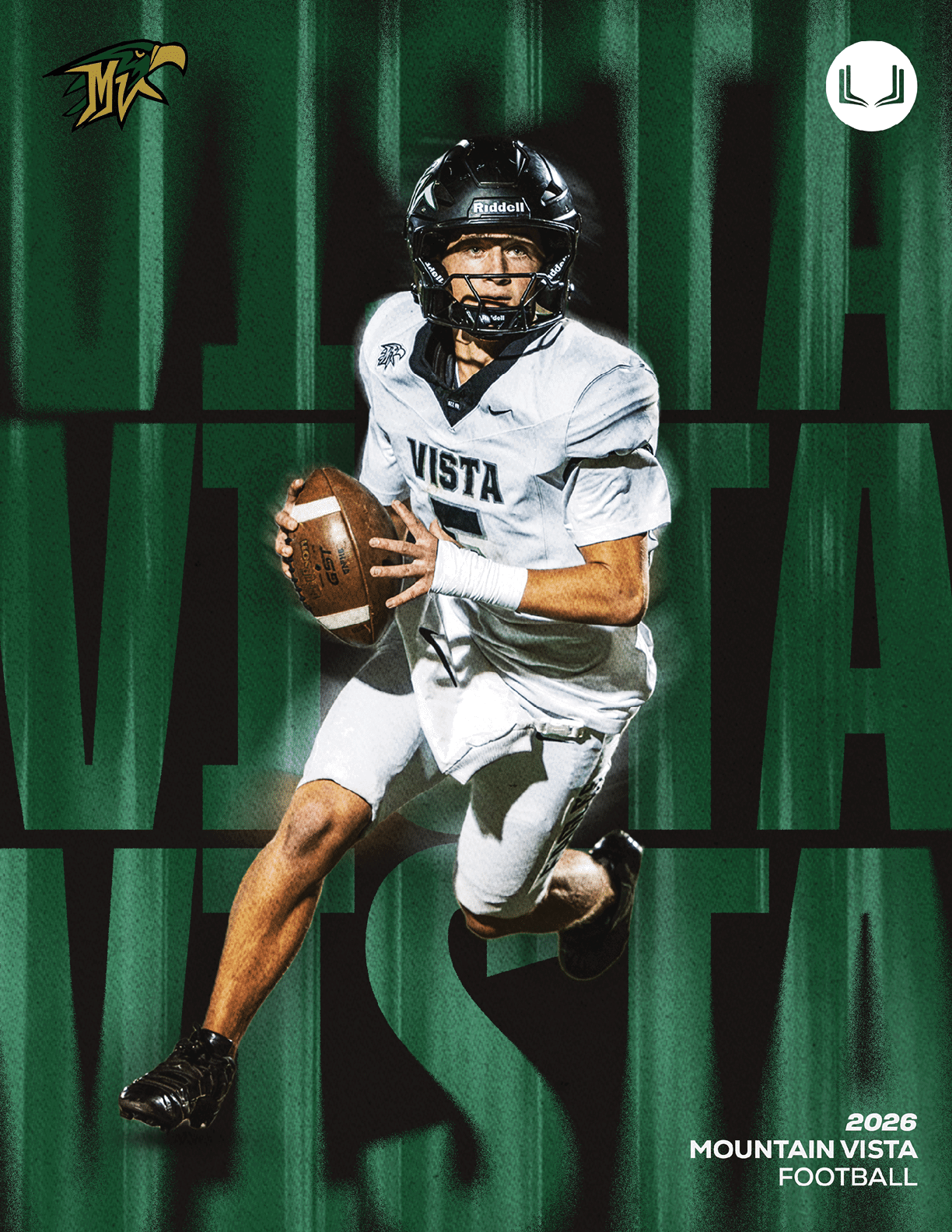A person in a football uniform and helmet is running while holding a football with the text “Mountain Vista" and "2023" in the background. Description generated by AI