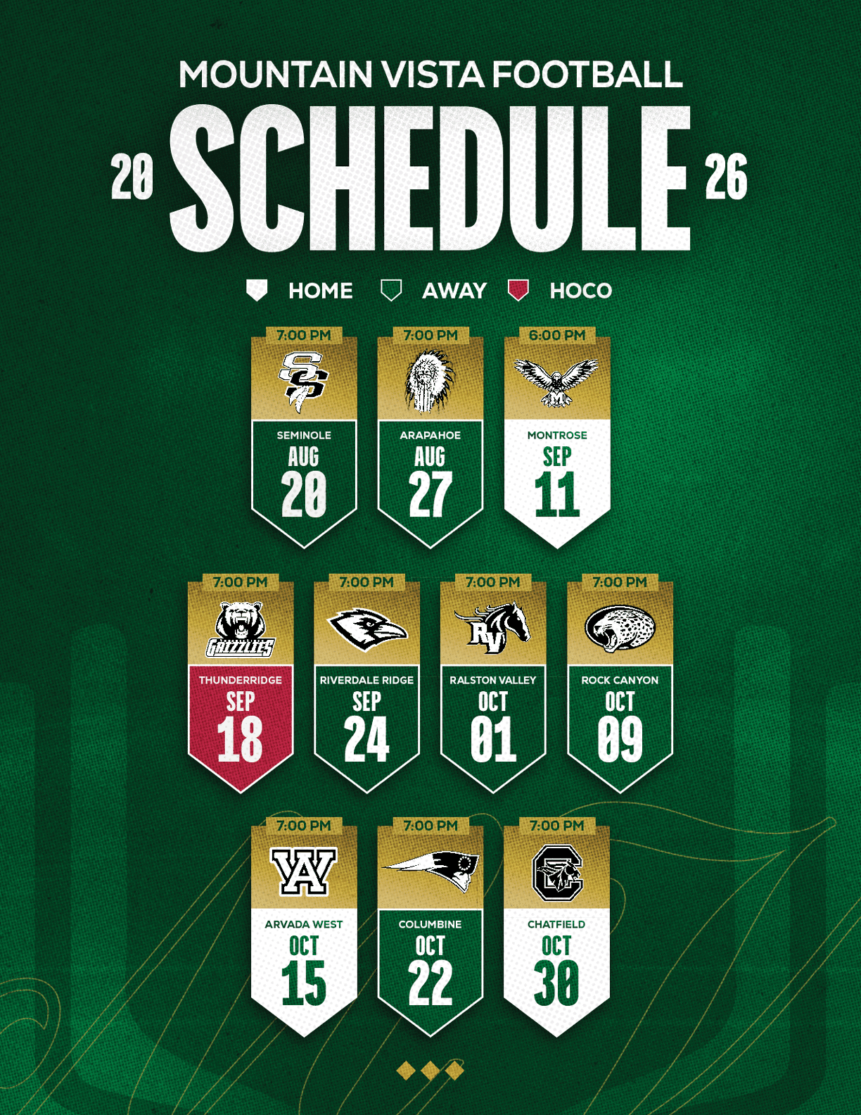 The Mountain Vista Football 2026 schedule is displayed on a green background with game dates, times, opponents, and home, away, or homecoming indicators in a vertical layout. Description generated by AI