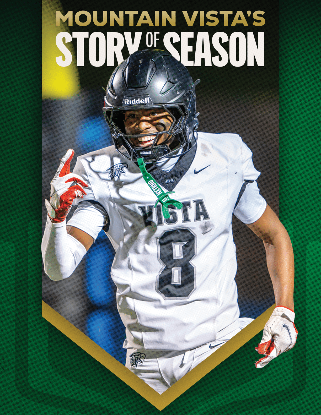 A person wearing a football uniform with the number 8 and a helmet is celebrating with a smile and raised hand under the text “Mountain Vista's Story of Season." Description generated by AI