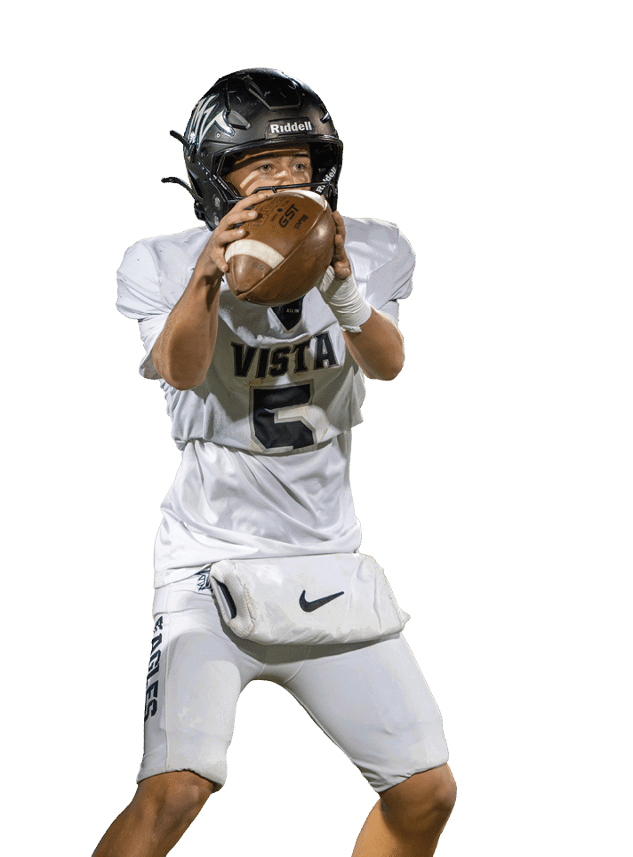 A person wearing a football uniform and helmet is preparing to throw a football. Description generated by AI