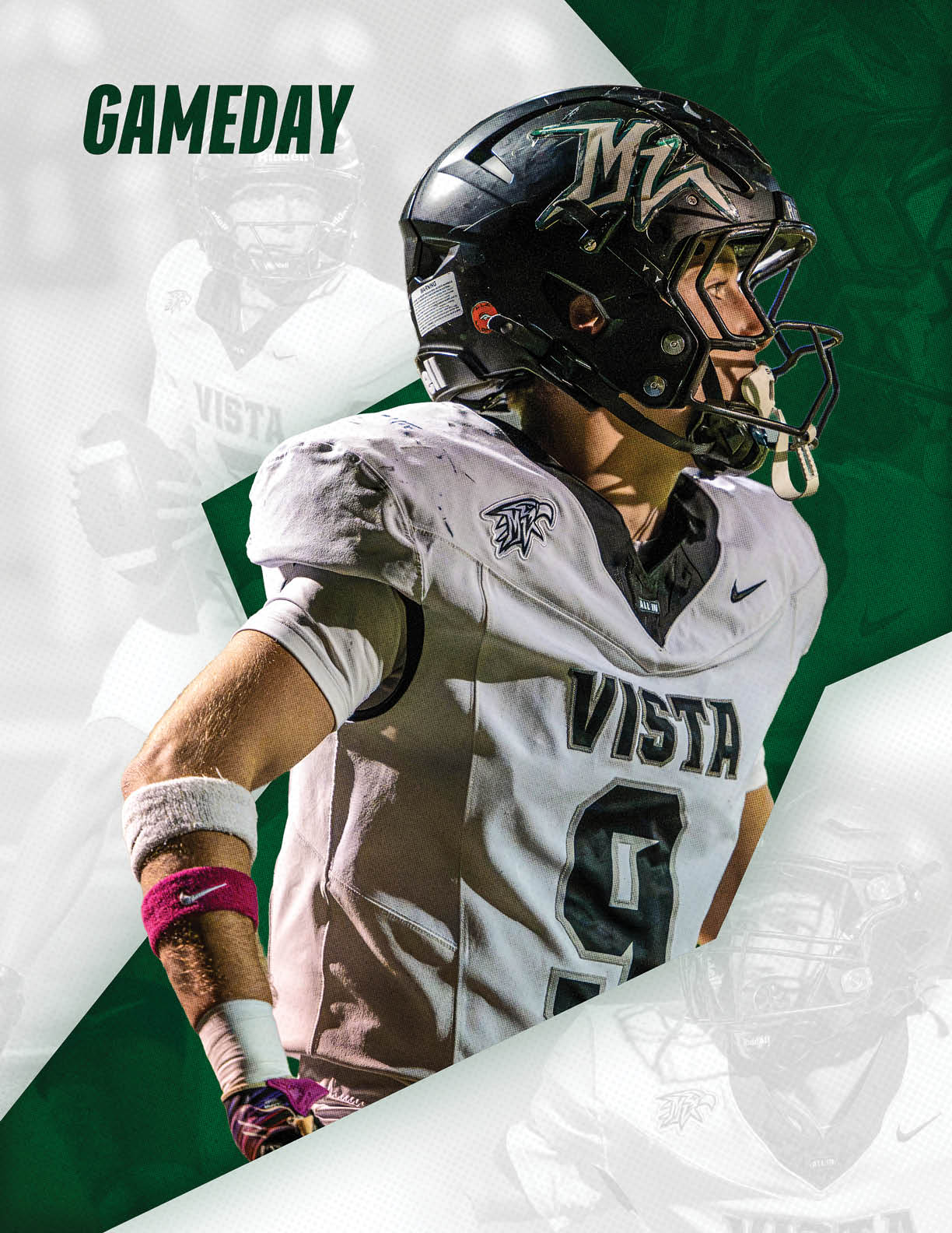 A person wearing a football helmet and a white Vista jersey with the number 9 is standing with hands on hips against a green and white background with the word “GAMEDAY" displayed. Description generated by AI