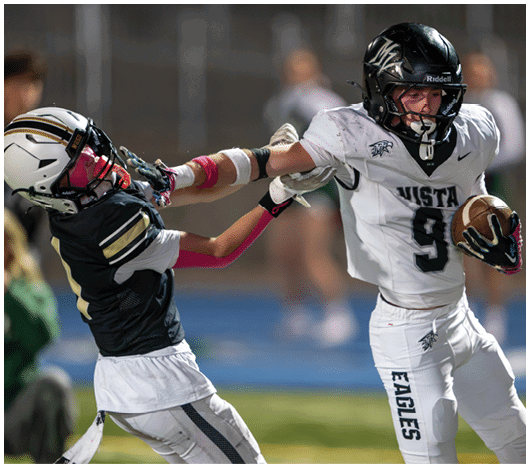 Two people in football uniforms are engaged in a play on a field, with one person holding the ball and the other reaching out to block or tackle. Description generated by AI