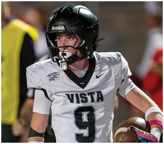 A person wearing a black football helmet and a white jersey with the word Vista and the number nine is holding a football and looking to the side. Description generated by AI