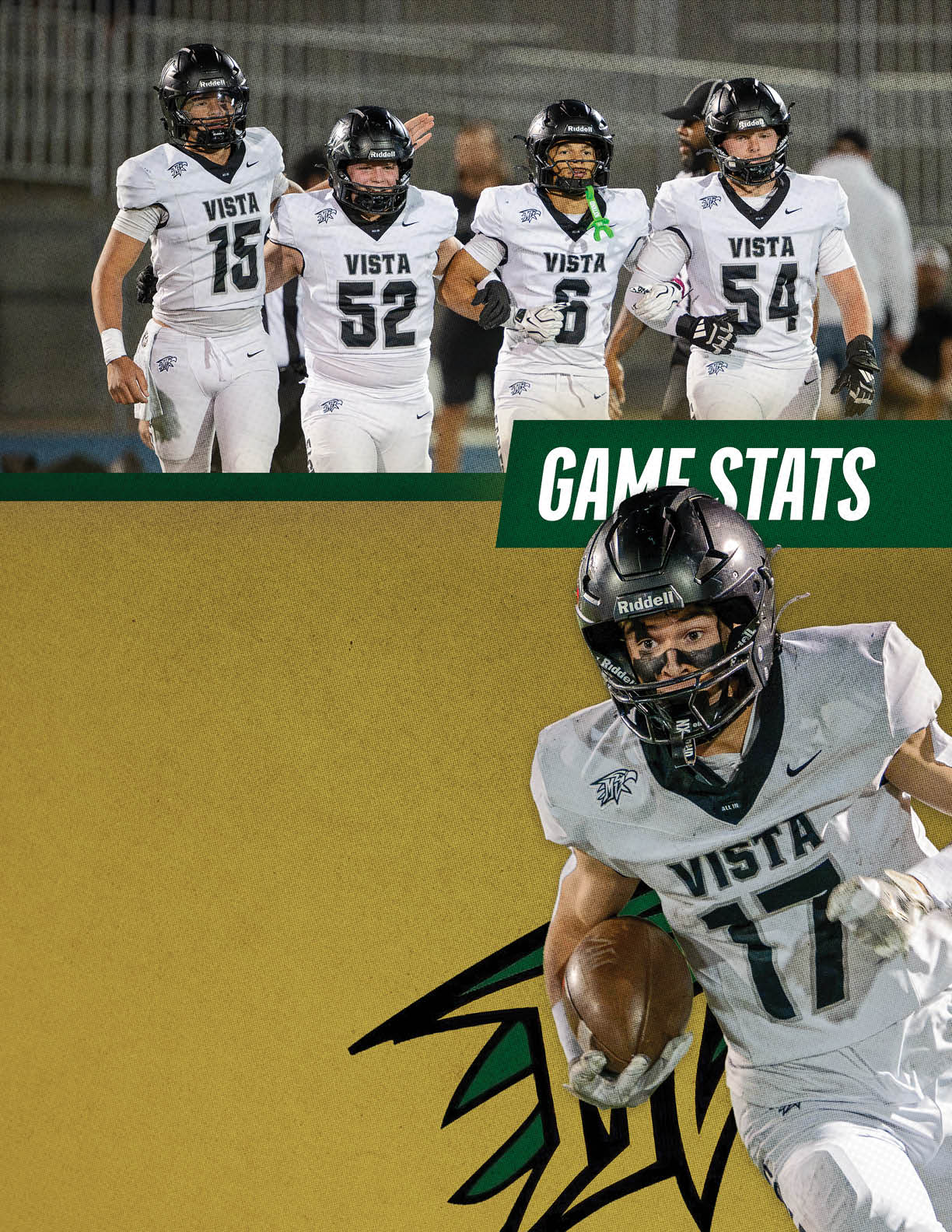 Four football players in white Vista uniforms walk together on a field above a close-up of a player running with the ball, with a green banner reading “GAME STATS" in the background. Description generated by AI