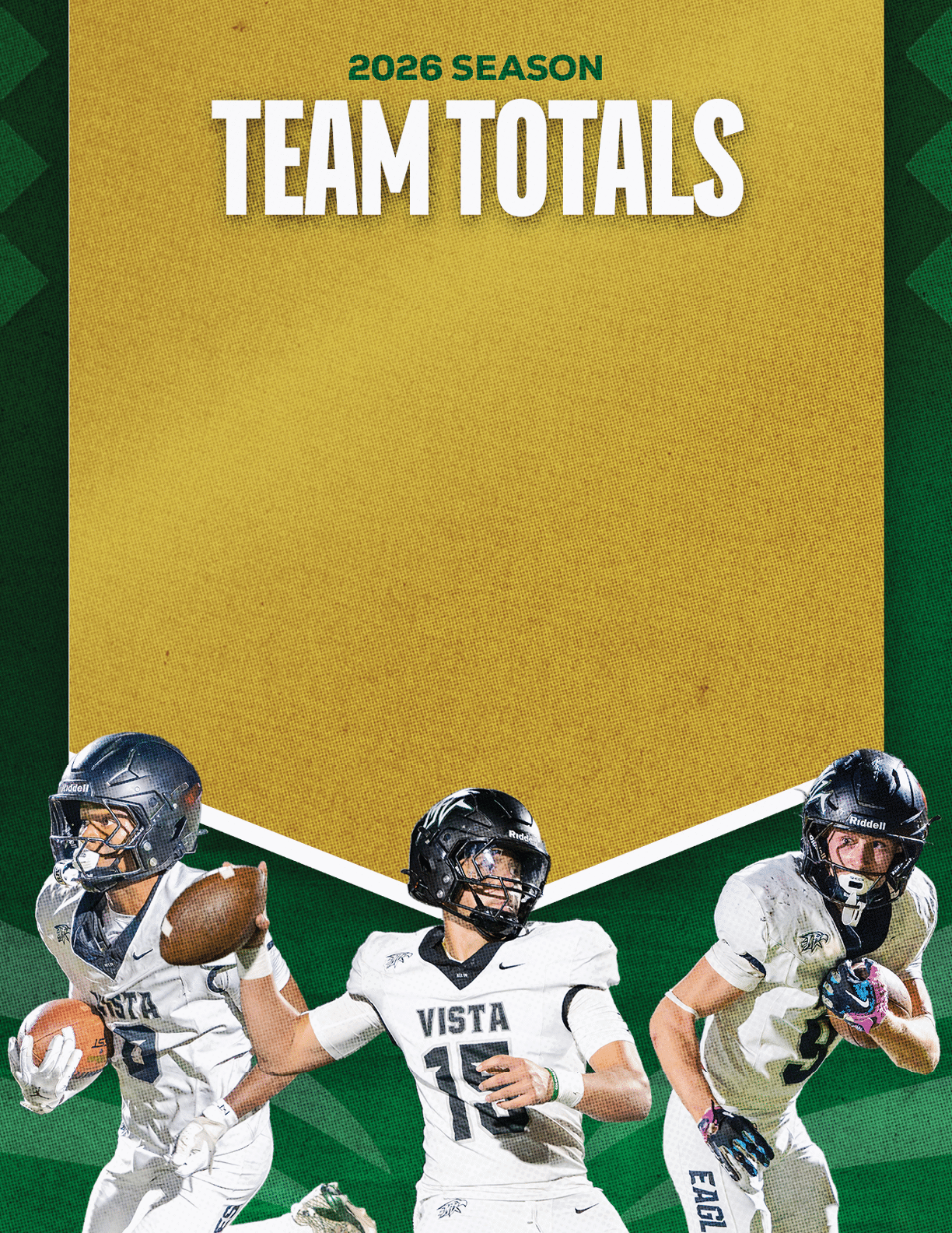 Three adults in football uniforms are positioned in action poses beneath bold text reading 2026 Season Team Totals on a green and gold background. Description generated by AI