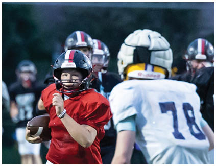 A football player wearing a red jersey and a black helmet. Description generated by AI