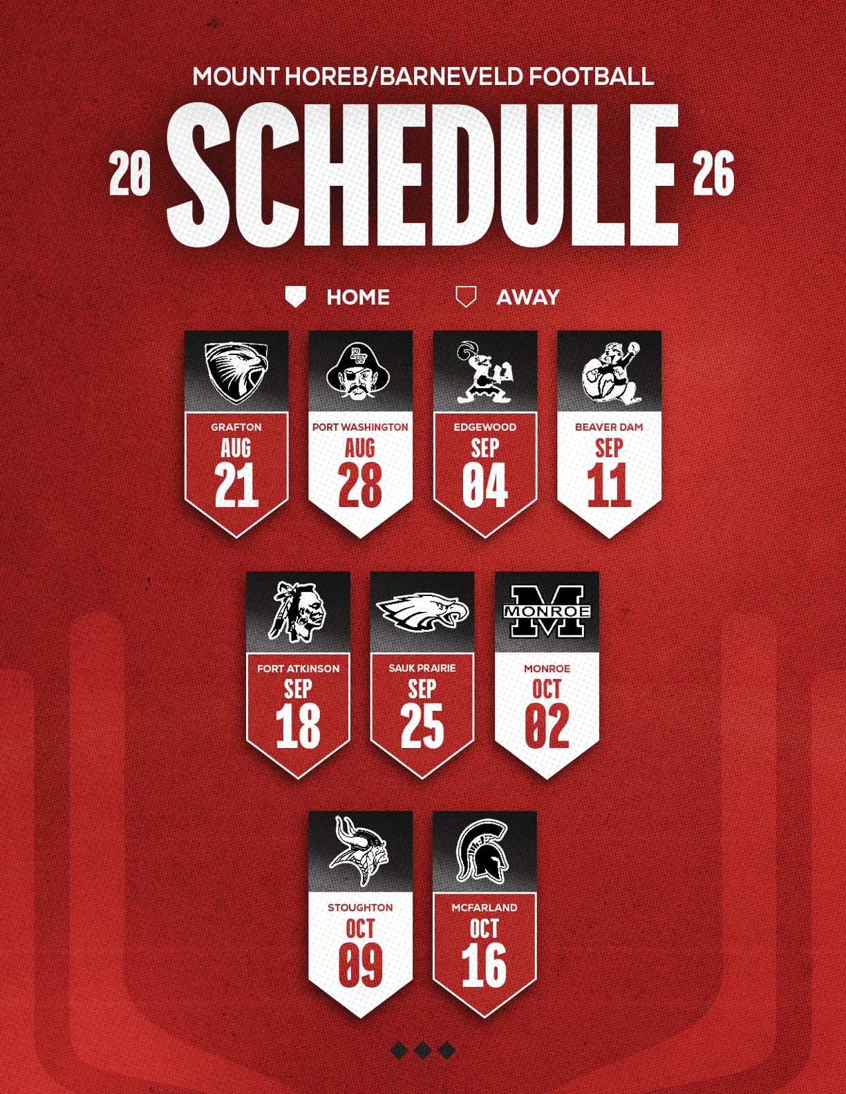 A red and white schedule for football games. Description generated by AI