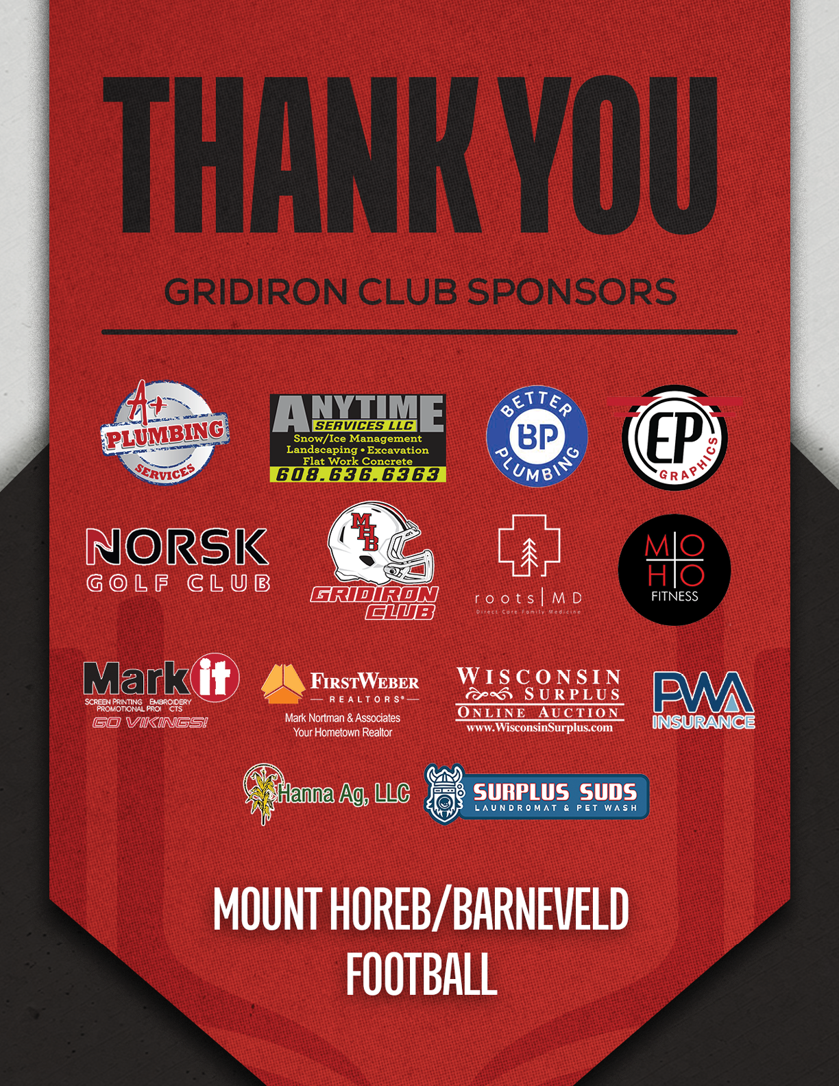 A red banner with white writing that says “Thank You" and sponsors. Description generated by AI