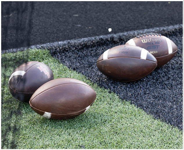 Four footballs are on the ground. Description generated by AI