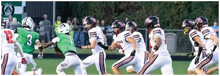 A football game is in progress with a player running with the ball. Description generated by AI
