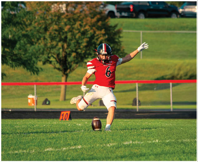 A person wearing a red jersey is kicking a football. Description generated by AI