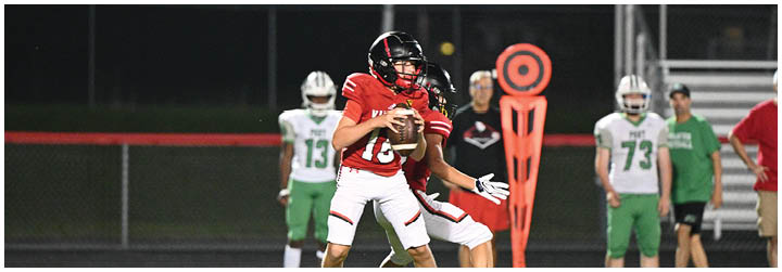 A football player in a red jersey is about to throw the ball. Description generated by AI