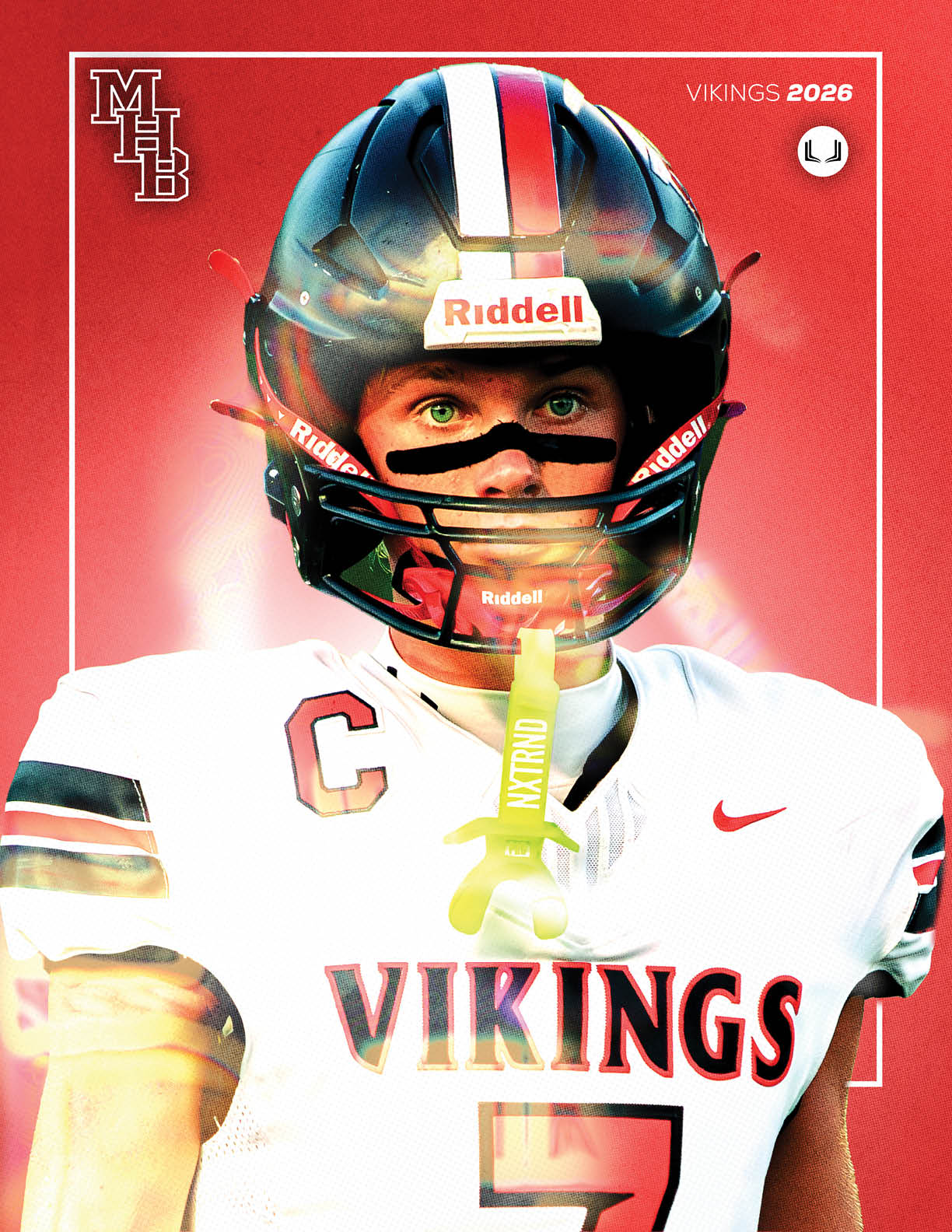 A football player wearing a helmet and a white jersey with the word Vikings on it. Description generated by AI