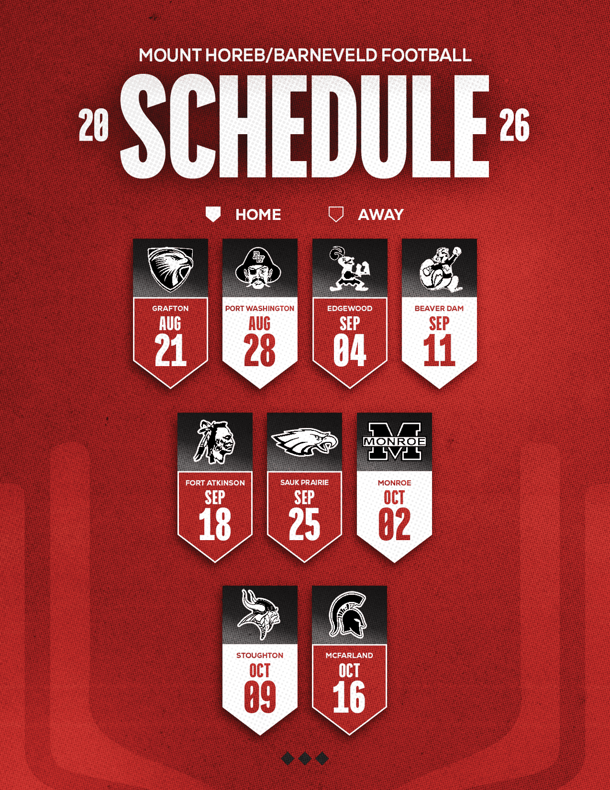 A red and white schedule for the Mount Horreb Football team. Description generated by AI