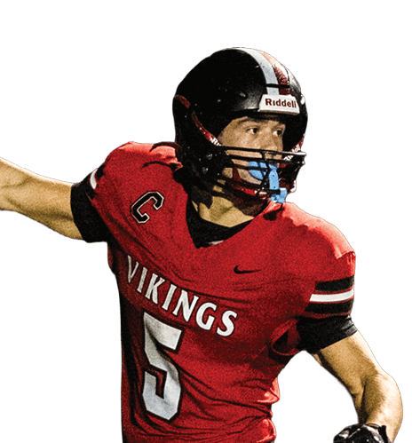 A football player wearing a red and black jersey with the number 5 on it. Description generated by AI