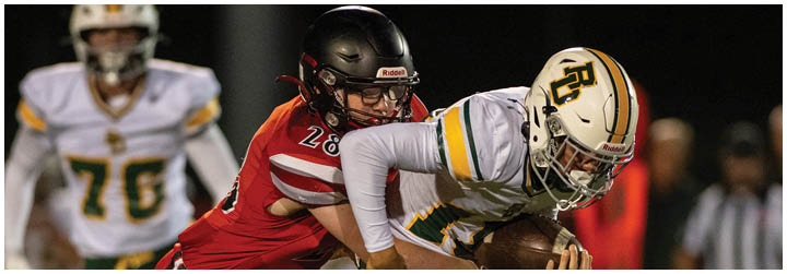 Two football players are fighting for a ball. Description generated by AI