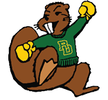 A cartoon beaver with a green and yellow sweater on. Description generated by AI