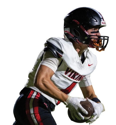 A football player wearing a helmet and a white jersey with the word Vikings on it. Description generated by AI