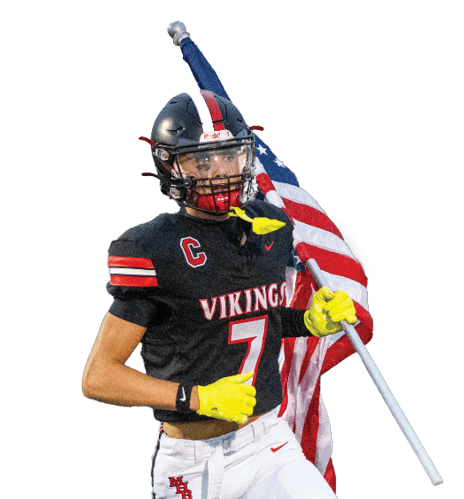 A football player wearing a helmet and a white jersey with the word Vikings on it. Description generated by AI