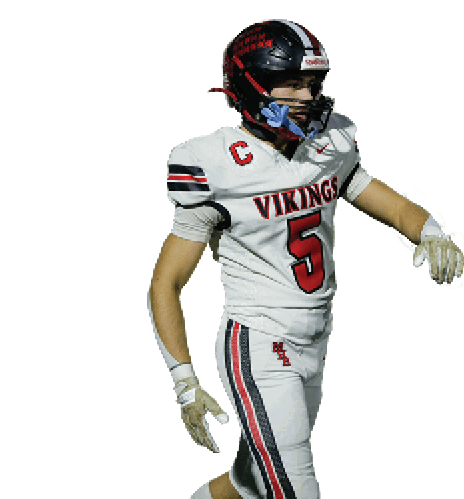 A football player wearing a helmet and a white jersey with the word Vikings on it. Description generated by AI