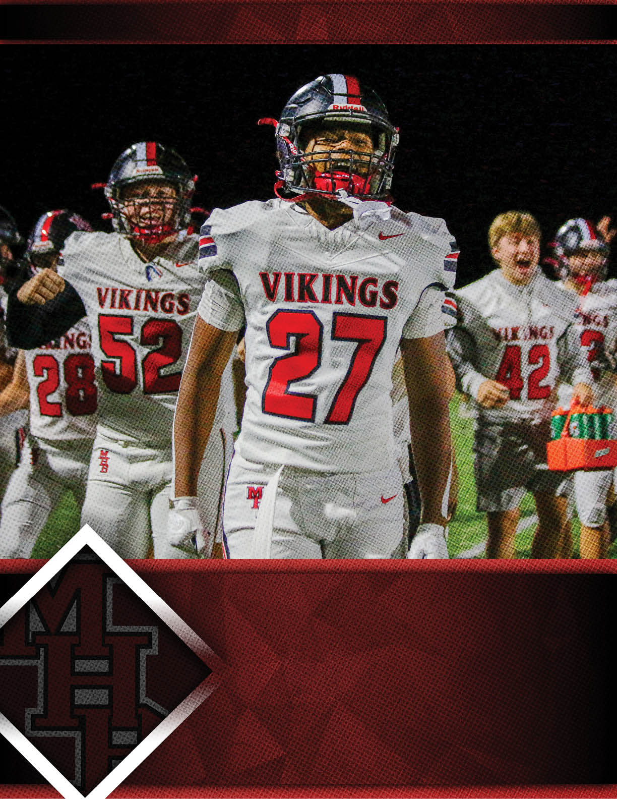 A group of football players wearing red and blue uniforms. Description generated by AI